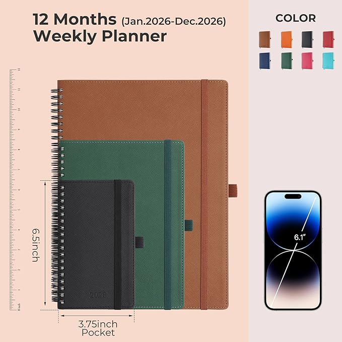 Planner 2026 Daily Weekly and Monthly,6.5"x3.75",12 Months Spiral Bound Calendar Agenda with Self-adhesive Pen Holder,2026 Appointment Book with Vegan Leather Soft Cover,Brown