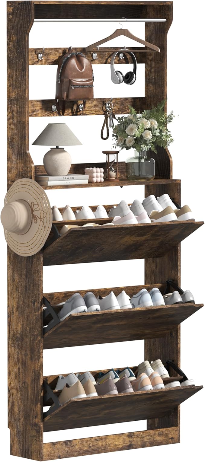 Tall Shoe Cabinet with Coat Rack, Hidden Shoe Storage Cabinet with Doors & Drawer, Hanging Bar & Hooks, Slim Narrow Freestanding Shoe Rack Organizer for Entryway, Hallway & Living Room, Brown