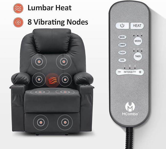 MCombo Large Power Lift Recliner Chair with Massage and Heat for Tall Elderly People, 3 Positions, Cup Holders, and USB Ports, Faux Leather 7516 (Large, Black)
