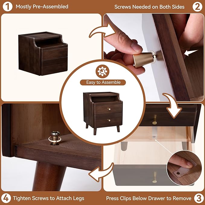 Narrow Nightstand with Drawers, Pre-Assembled Solid Wood Small Skinny Night Stand with Open Sliding Shelf Slim Bedside Table for Bedroom, Slim Side Table (2, Black Walnut, 16")