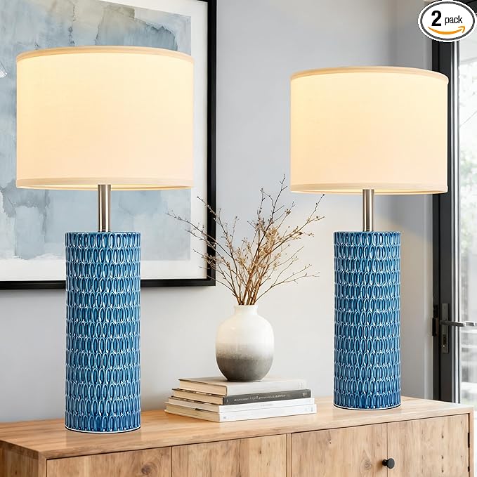26.5" Ceramic Table Lamp, Table Lamp for Living Room, Blue Lamp for Bedroom, Night Stand Lamps, Modern Bedside Lamp Set of 2, End Table Lamps,Blue