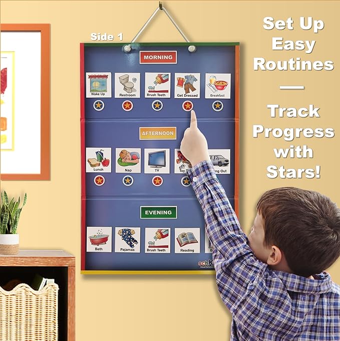 SchKIDules Home-Themed Magnetic Visual Schedule & Reward Chart w/129 Colorful Magnets & 2-Sided 18” Folding Board; for Daily Routines, Chores, Behavioral Supports, Kids’ Calendar, ADHD & Autism Tools