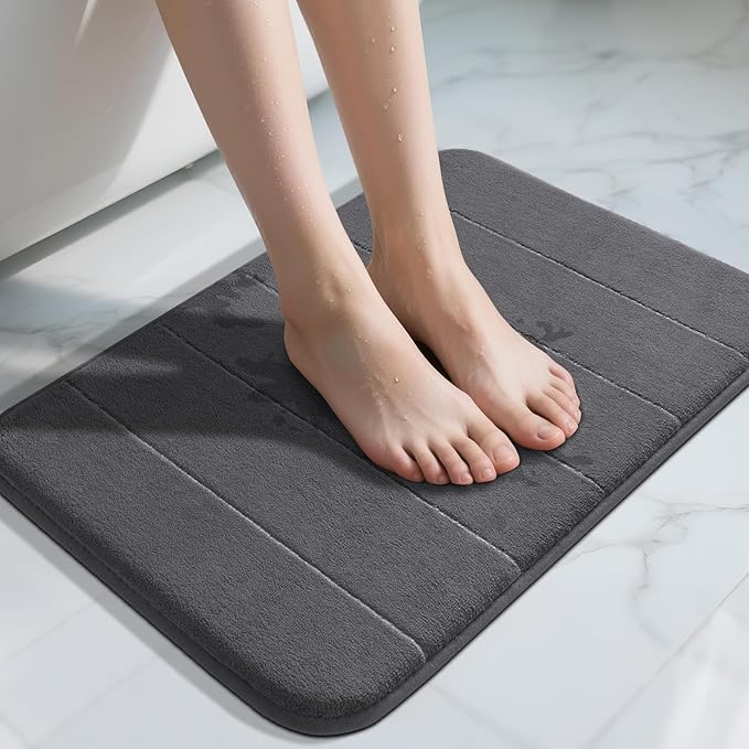 Yimobra Memory Foam Bath Mat, Super Soft Absorbent Bathroom Rug Non Slip, Quick Dry, Machine Washable Floor Carpet for Tub Shower, Home Decor Accessories, 24x17, Dark Gray