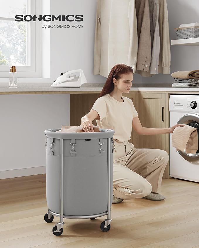SONGMICS 18.5-Gallon (70 L) Laundry Basket with Wheels, Rolling Round Heavy-Duty Laundry Hamper Cart with Steel Frame and Removable Bag, 2 Locking Wheels, Gray and Metallic Silver URLS006G01