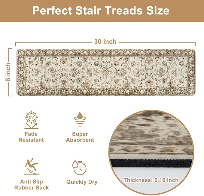 OJIA Vintage Stair Treads Non-Slip Stair Runners for Wooden Steps Indoor 15PCS 30"x8" Carpet Stair Treads Mats Staircase Step Treads for Kids, Elders and Dogs, Stair Covers, Beige
