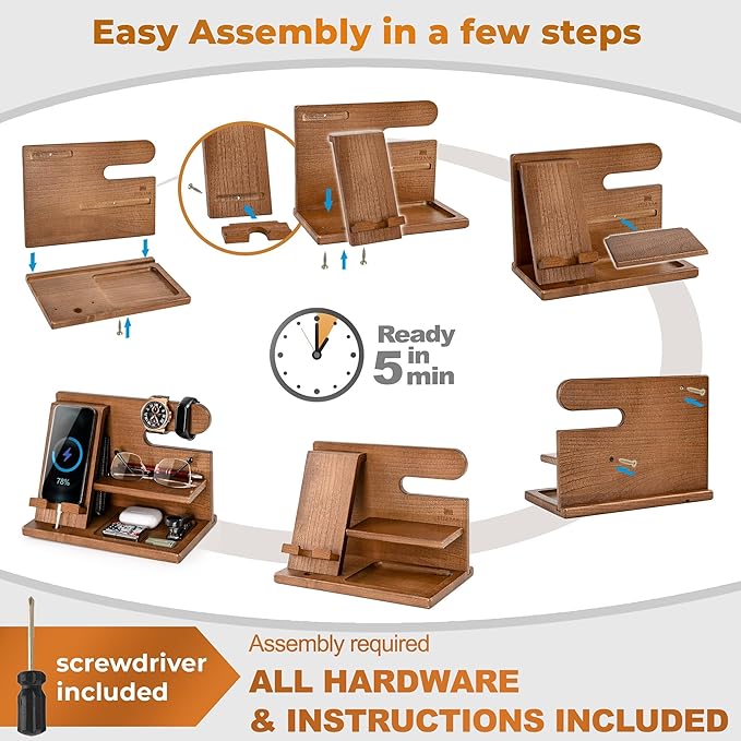 TESLYAR Wood Phone Docking Station for Men - Desktop or Nightstand Organizer - Birthday Gifts for Men, Dad - Anniversary Idea from Wife - Key Holder, Stand Wallet, Watch & Essentials (Earth Beige)