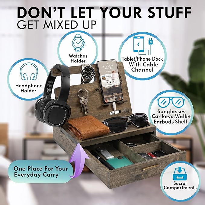 Nightstand Organizer for Men- Bedside Table Organizer with Drawer for Cellphone, Watches, Sunglasses & Accessories- Makes an Ideal Gift for Dad, Grandpa or Golfer