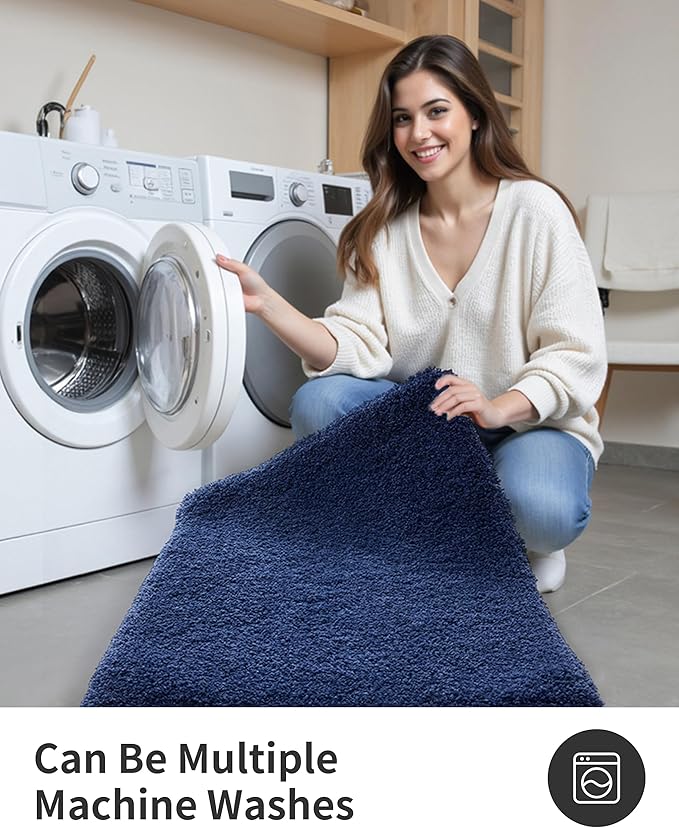 ILANGO Navy Blue Bathroom Rugs 70" × 24" Non Slip & Super Absorbent Thick Soft, Washable Bath Carpet Runner for Floor, Microfiber Plush Shaggy Bath Mats with Rubber for Bedroom Bathtub Shower Room