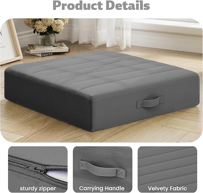 MeMoreCool Square Floor Pillows for Adults Kids, 2 Sets Large Meditation Cushion with 5" Thick Foam and Washable Tufted Cover, 24 Inch Grey Seat Floor Cushions for Sitting and Yoga