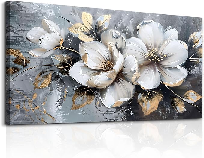 KELIYUAN Canvas Wall Decor For Bedroom Wall Art For Living Room Office Decorations White Flowers Wall Paintings Abstract Pictures Modern Artwork Posters kitchen Home Decor Aesthetic 20"x40"