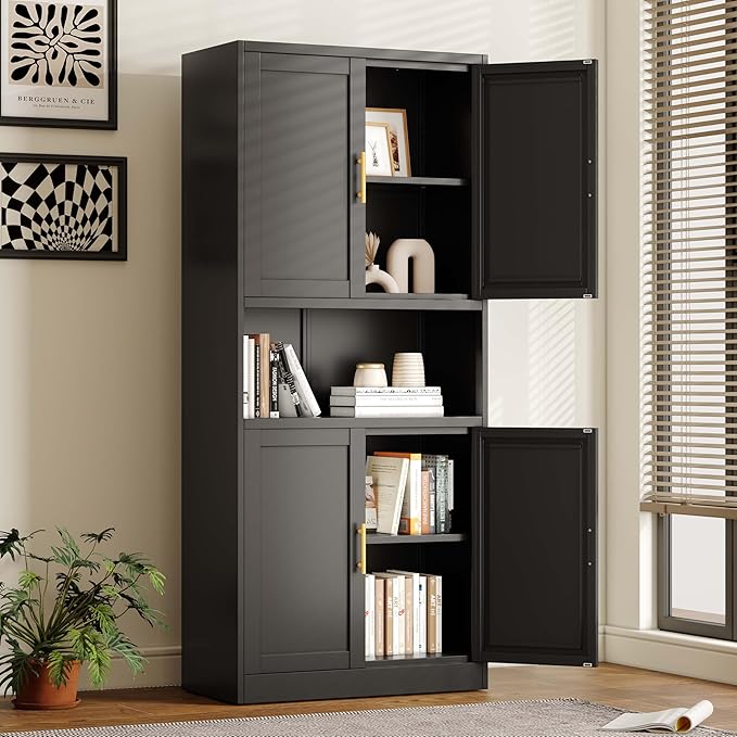 61.02" Kitchen Pantry Cabinet, Large Metal Storage Cabinet with 4 Doors and 1 Open Storage Compartment, Corner Display Organizer with 2 Adjustable Shelves for Kitchen Bedroom or Hallways