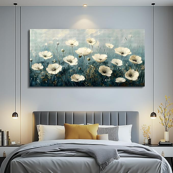 FUHAIHUA Canvas Wall Decor For Bedroom Wall Art For Living Room Office Decorations White Flowers Landscape Painting Modern Wall Pictures Artwork Farmhouse Posters Ready To Hang Home Decor 20x40 In