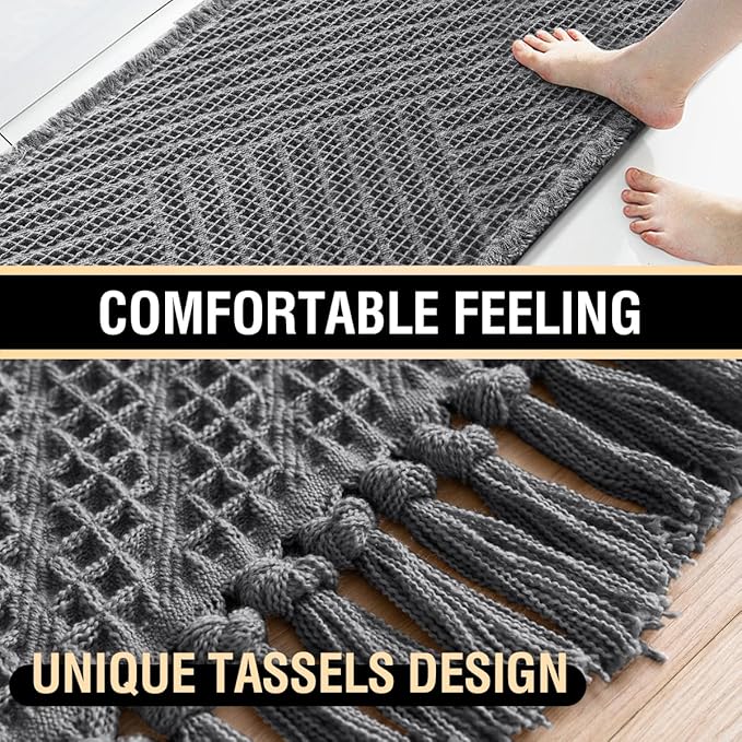 H.VERSAILTEX Waffle Bath Mat Super Absorbent Boho Bath Mat Non Slip Bath Rugs for Bathroom Floor Machine Washable Dry Fast Bathroom Rugs with Tassels, 20" x 32", Gray