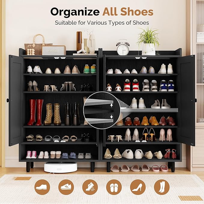 Entryway Shoe Cabinet with Doors, 6-Tier Farmhouse Shoes Storage Organizer with Adjustable Shelves Holds 18-25 Pairs and Metal Legs, Entryway Cabinet Organizer, Living Room (Black)