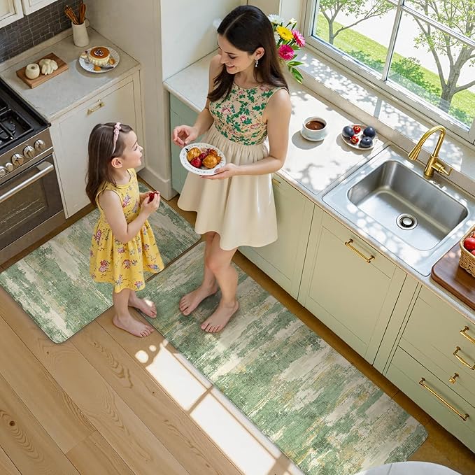 Collive Kitchen Mats Cushioned Anti Fatigue, Modern Abstract Non Slip Kitchen Floor Mat Waterproof Green Sink Rug 2 Piece, Comfort Desk Standing Rugs for Bedroom, Office, Laundry, 17"x29"+17"x47"
