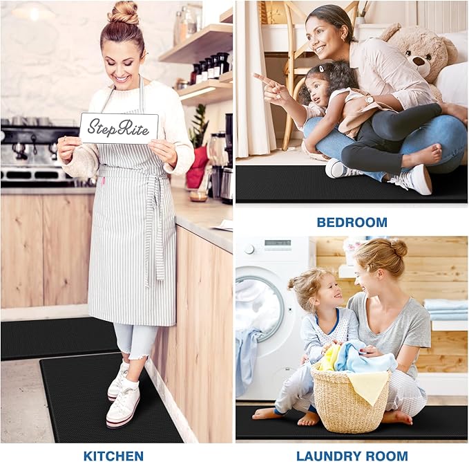 StepRite Kitchen Mats, 2PCS Kitchen Rugs, Cushioned Anti Fatigue Kitchen Mats for Floor, Non-Slip Standing Desk Mat, Waterproof Kitchen Rug Set for Kitchen, 20" x 32"+20" x 71"-0.47 inch Thick, Black