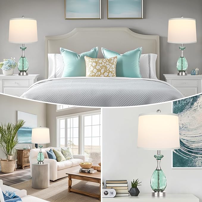 Hamucd Coastal Glass Table Lamps Set of 2, 3-Way Dimmable Touch Control Nautical Lamp with USB A+C Ports,Bedside Lamps Beach Decor, Modern Nightstand Lamps with 2 LED Bulbs for Bedroom Living Room