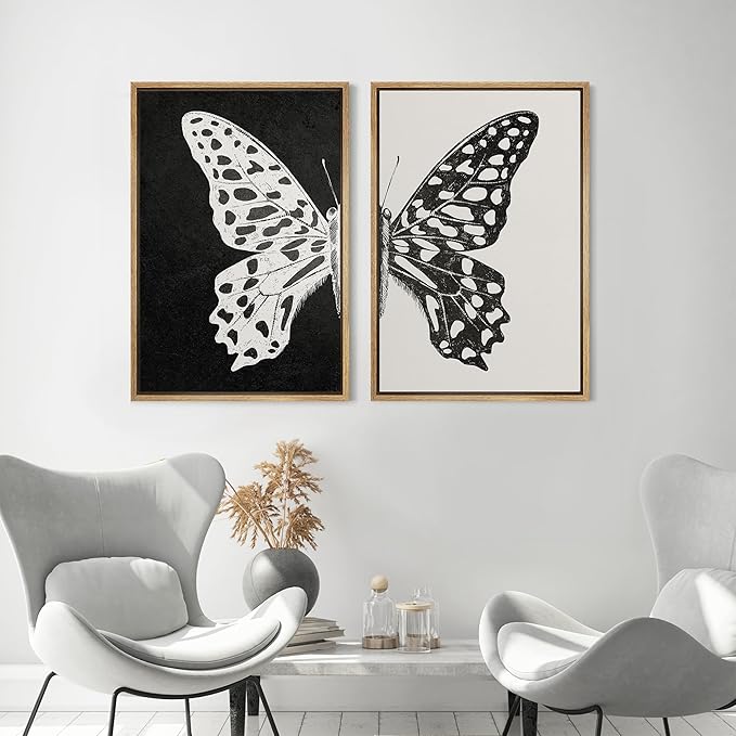 MUDECOR Framed Canvas Wall Art Black and White Butterfly Prints Minimalist Modern Art Boho Wall Decor for Bedroom - 24"x36"x2 Natural