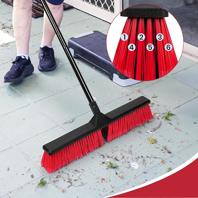24" Push Broom with 63" Long Handle, Heavy Duty Broom for Floor Sweeping, Stiff Bristles Push Broom Brush for Workshop, Garage, Concrete, Patio and Deck