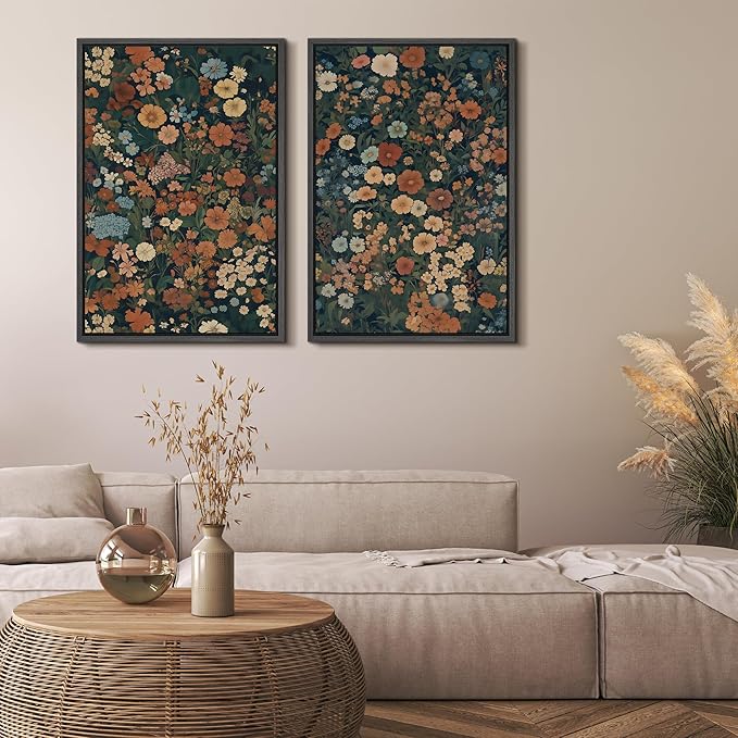 MUDECOR Framed Canvas Print Wall Art Vintage Floral Botanical Colorful Wildflowers Illustrations Modern Art Decorative Bohemian Colorful for Living Room, Bedroom, Office - 16"x24"x2 Black