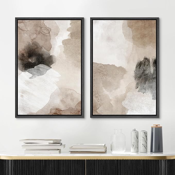 MUDECOR Framed Canvas Print Wall Art Watercolor Brown White Black Collage Abstract Shape Illustrations Modern Art Decorative Bohemian Colorful Chic for Living Room, Bedroom, Office - 16"x24"x2 Black