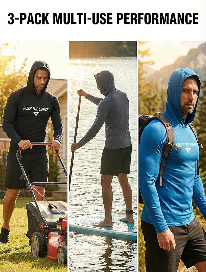 3-Pack Men's Compression Hoodie with Mask - Long Sleeve Winter Base Layer & Running Shirt - Sun Protection Fishing Gear