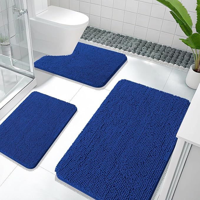 OLANLY Bathroom Rugs Sets 3 Piece, Soft Absorbent Chenille Bath Mats and U-Shaped Contour Toilet Rug, Quick Dry, Home Decor Accessories, Bath Mat Set for Bathroom (36"x24"+24"x16"+24"x20", Royal Blue)