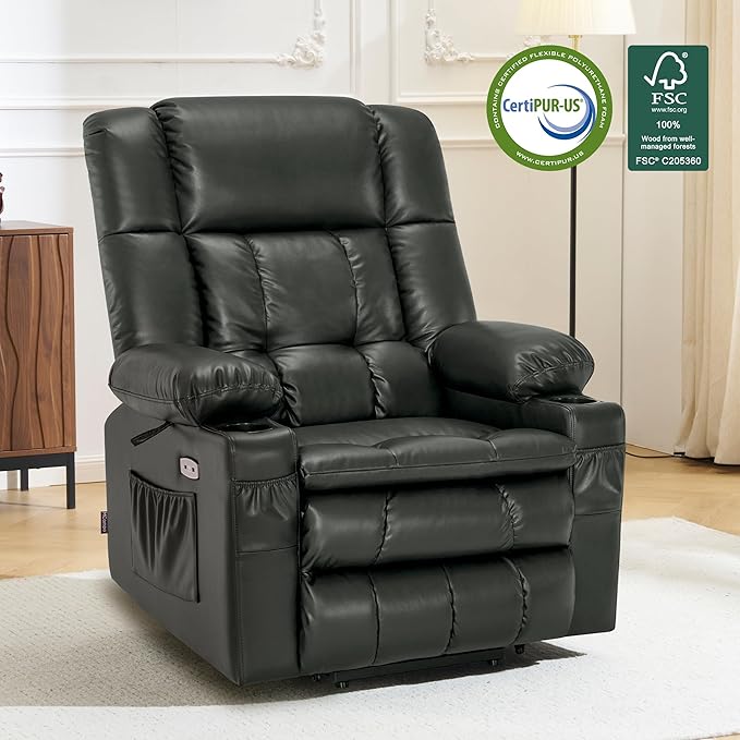 MCombo Dual Motor Large Power Lift Recliner Chair for Elderly, Lay Flat Lift Chair with Heat and Massage, Big Lift Recliner for Tall People, Faux Leather 7896 (Grey, Large)