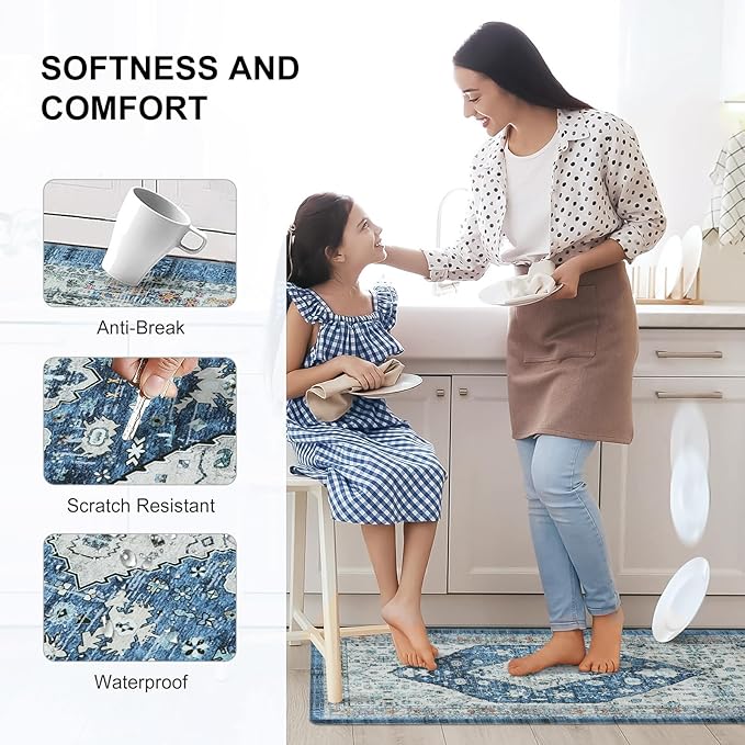 Collive Kitchen Mats for Floor, Boho Non Slip Kitchen Cushion Rug Kitchen Floor Mats Anti Fatigue for Office, Laundry, Sink, 17”x47”Dark Blue Non-Skid Waterproof Standing Desk Mat
