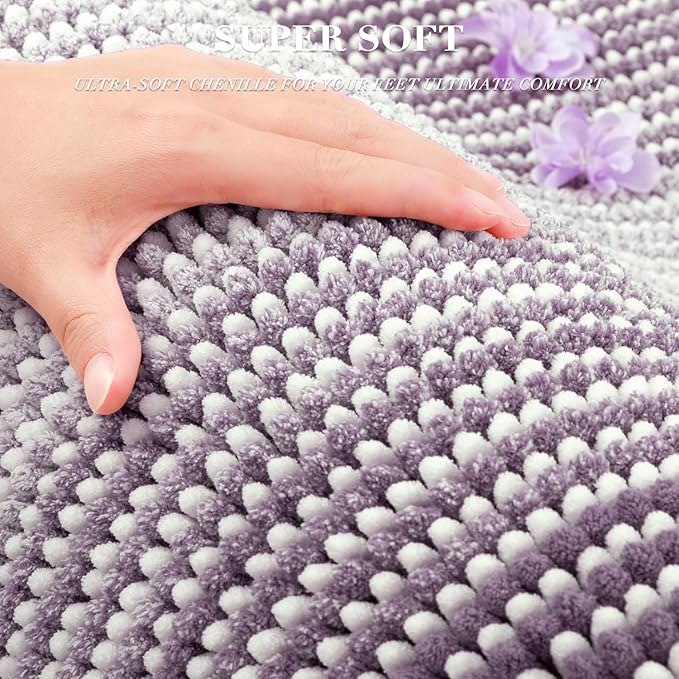 BSICPRO Bathroom Rugs Sets 3 Piece, Toilet Rugs U-Shaped Contour Bath Mat Set, Striped Absorbent Non Slip Chenille Shower Mat, Lavender Purple