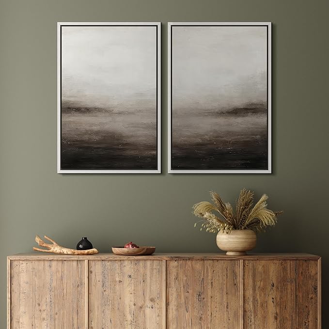 MUDECOR Framed Canvas Print Wall Art Neutral Abstract Modern Minimalist Landscape in Beige and Gray Illustrations Modern Art Decorative Bohemian for Living Room, Bedroom, Office - 16"x24"x2 White