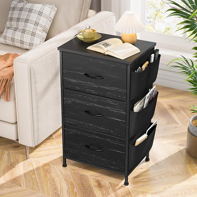 Night Stand Set 2, Night Stand with Drawers for Bedroom, Bedside Table with Wooden Top, Sturdy Steel Frame End Table, Dorm Nightstand for Bedroom, Entryway, Hallway, Closet, Cloth Bags, Hooks, Black