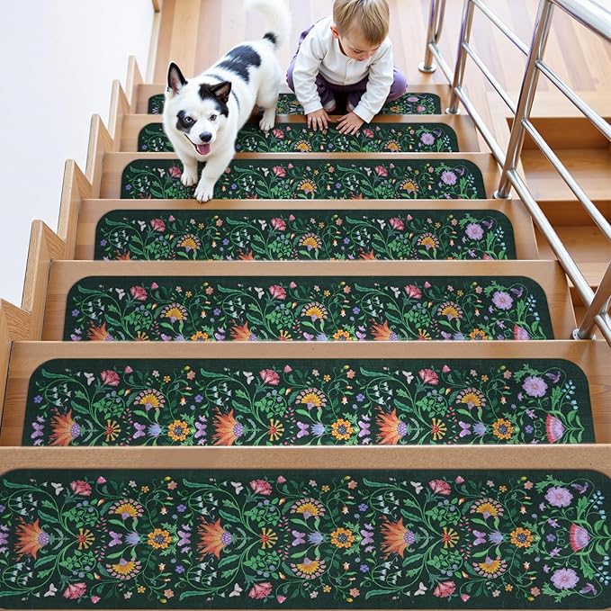 OJIA Floral Stair Treads Non Slip Stair Runners for Wooden Steps Indoor, 15PCS 8"x30" Rubber Backing Carpet Treads for Wood Stairs Staircase Step Treads for Kids & Dogs, Stair Covers, Green