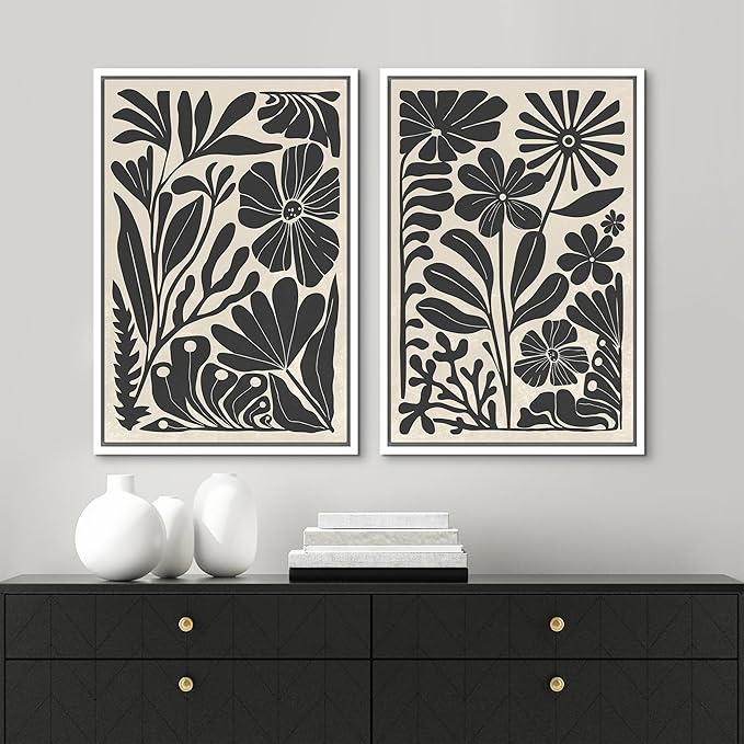 MUDECOR Framed Canvas Wall Art Abstract Floral Botanical Prints Minimalist Modern Art Boho Wall Decor for Bedroom - 16"x24"x2 White