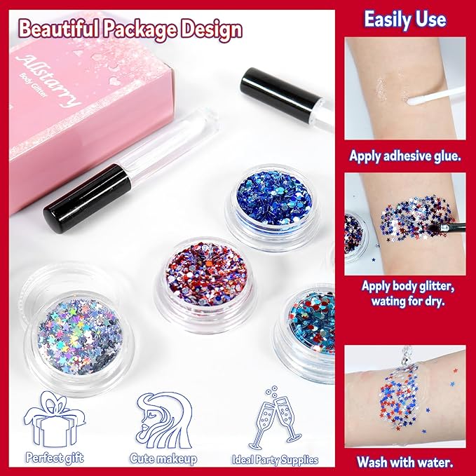 Allstarry Chunky Body Glitter 4 Colors Cosmetic Patriotic Face Glitter Veterans Day Eye Flakes Independence Day Hair Sequins Sparkle 4th of July Accessories for Women Face Paint Makeup Nails Art