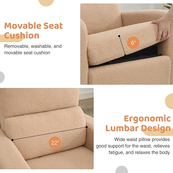Power Swivel Rocker Recliner, Oversized Boucle Electric Recliner Chair, Swivel Glider Nursery Reclienr with Removable Cushion, Upholstered Recling Chair for Living Room Bedroom, Teddy Camel