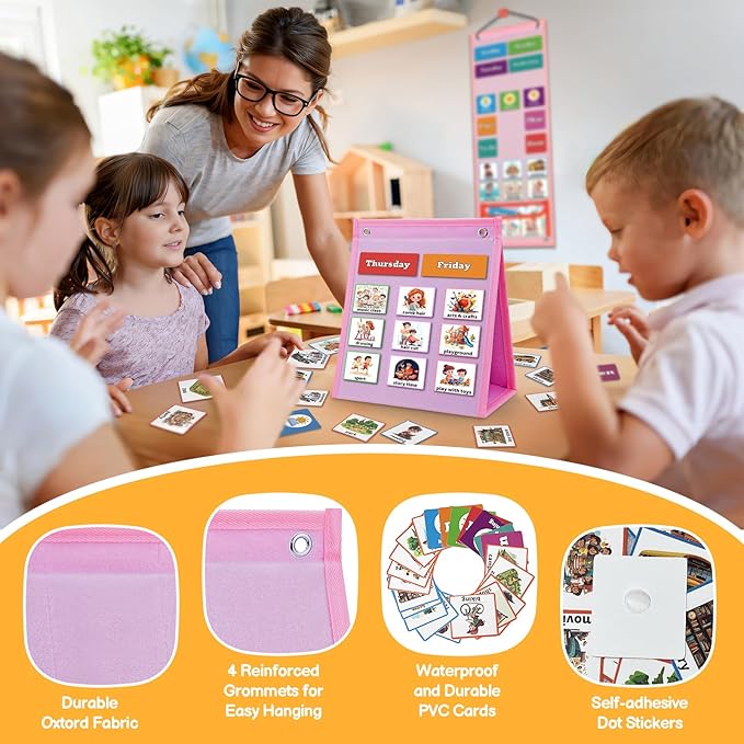 Visual Schedule for Kids Chore Chart，3 in 1 Daily Schedule Board Routine Pocket Chart Cards for Toddlers,Autism Learning Materials Tool Wall Planner for Home School with 103 Cards （Pink）