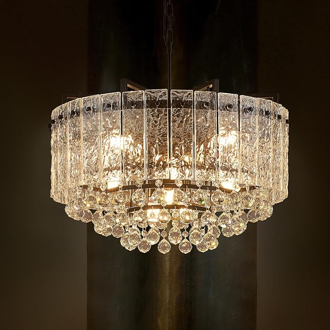 22.2" 10-Light Modern Glass Chandelier Light Fixtures Black 3-Tier Crystal Beads Chandeliers for Dining Room Round Hanging Ceiling Pendant Lighting for Kitchen Island Entryway Foyer Hallway