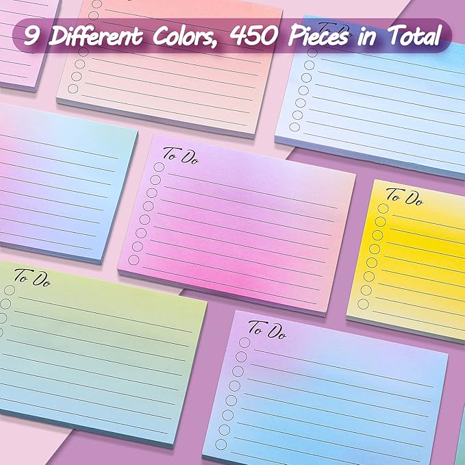 Pajean 9 Pcs/450 Sheet to Do List Sticky Note 3x4 Inch Self Stick Pads with Line Colored Planner Sticky Note Adhesive Memo for Office, Meeting, School, Study, Home Reminder (Gradient Color)
