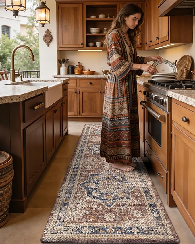 DEXI Kitchen Floor Mats Anti Fatigue, 23x86 Large Long Cushioned Vintage Runner Rug Waterproof, Standing Comfort Memory Foam Padded for Front Sink Laundry Office, Reddish Brown
