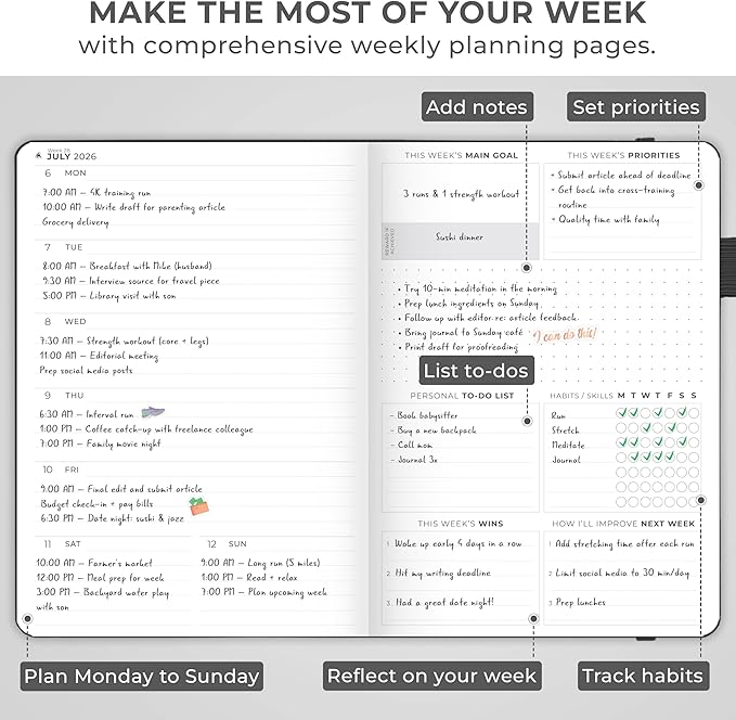 Clever Fox Dated Planner Premium 2026 – Weekly Agenda for Planning & Time Management –Notebook with Habit Tracker & To-do List (Black)