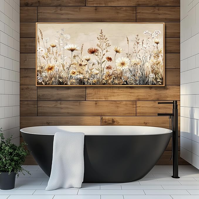 PHAOHUAXM Abstract Ink-Wash Flower Canvas Wall Art Wood Framed Modern Wall Decor for Living Room Bedroom Office Restaurant, Home Aesthetic Artwork Print 24"x48"