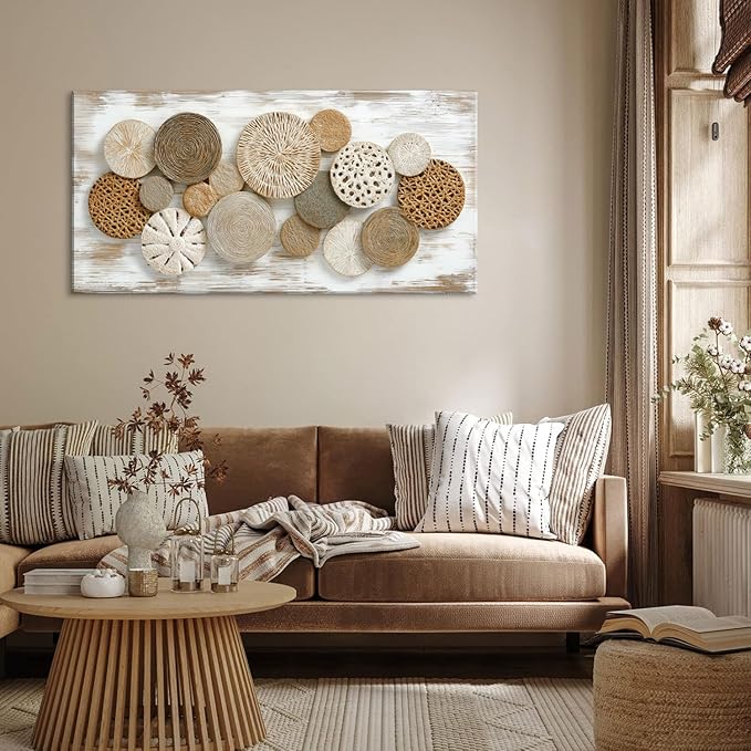 Brown Rattan Plates Canvas Wall Art for Living Room Painting Prints Beautiful Geometric Radial Geometry White Modern Artwork Office Bedroom Girls Decor Extra Large