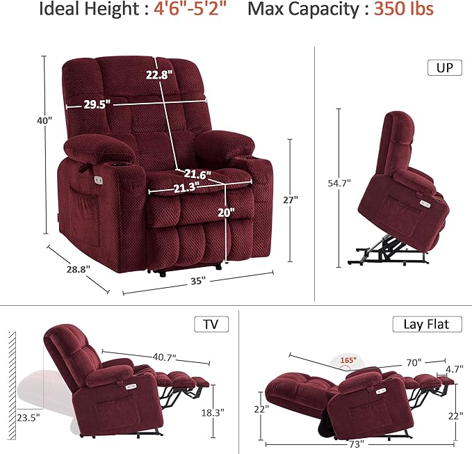 MCombo Dual Motor Power Lift Recliner Chair for Elderly, Lay Flat Lift Chair with Heat and Massage, Petite Lift Chair, Cup Holders, USB A&C Ports, Fabric 7893 (Small, Burgundy)