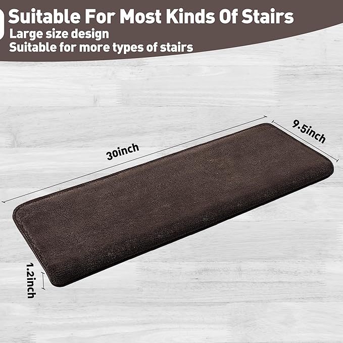 PURE ERA Carpet Stair Treads Ultra Plush 9.5" X 30"Soft Bullnose Indoor Stair Protectors Pet-Friendly Non-Slip Skid Resistant Tape Free Washable Reusable(7 Pieces,Dark Brown)