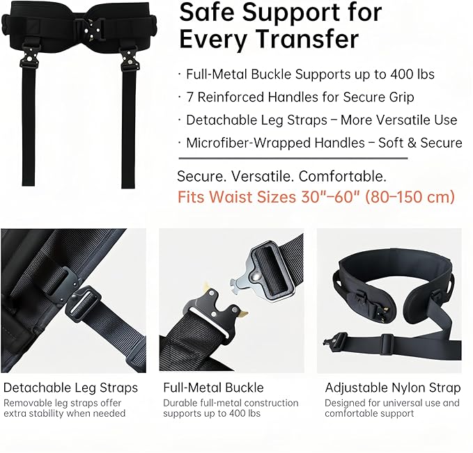 Upgraded Gait Belt with Metal Buckle, Transfer Belt with Handles and Leg Straps, Lift Belt for Seniors, Walking Support, Mobility and Elderly Assistance (Black, Medium)