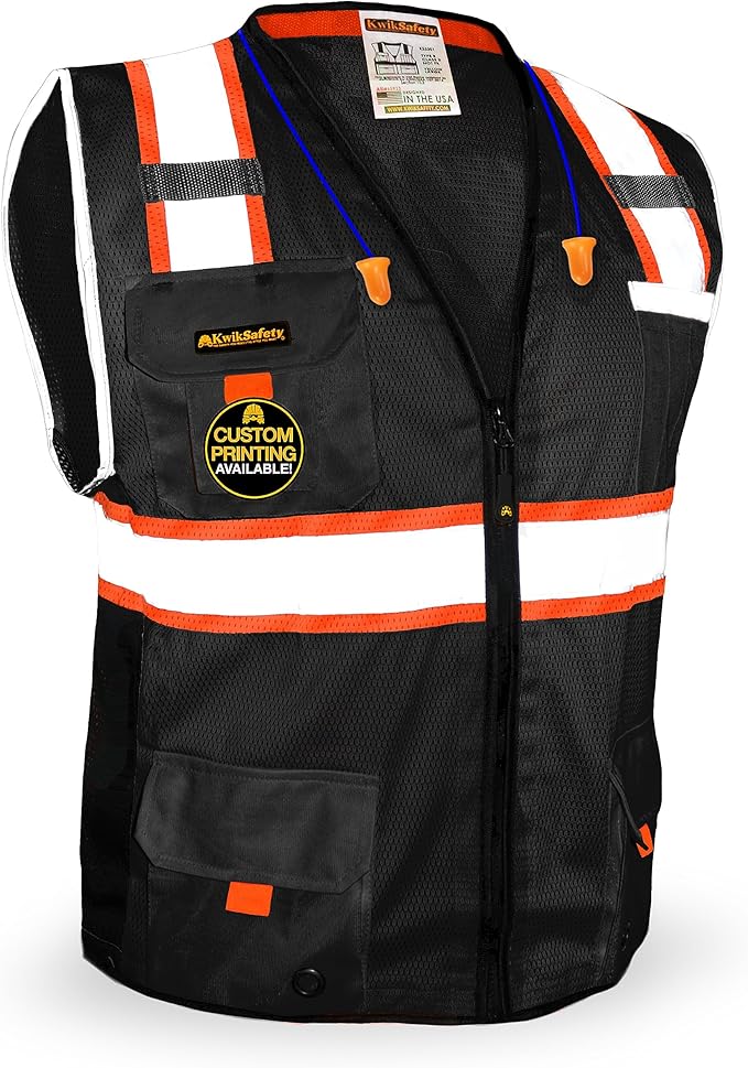 KwikSafety - Charlotte, NC - UNDERBOSS Safety Vest [11 POCKETS] Premium ANSI Class Unrated High Visibility Vest Construction Surveyor Reflective Vest Industrial Work Safety Vest for Men/Black 2XL
