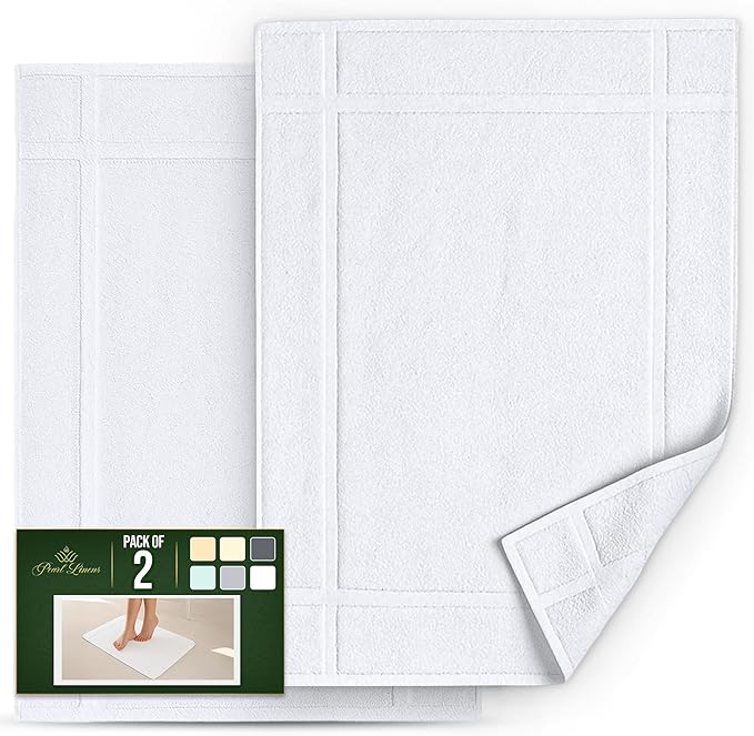 Pearl Linens Pack of 2 100% Cotton Bath Mat 18x25 inches, Soft & Absorbent Quick Dry Bathroom Mat Set, Not Bathroom Rugs, After Shower Mat, Bath Tub Mat, 687 GSM, Machine Washable, White
