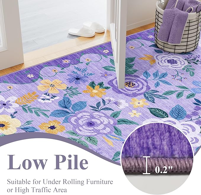 DUKINO Runner Rug, 2.6x8 Kitchen Rug for Hallway with Non Slip Backing, Washable Low Pile Soft Boho Floral Runner Carpet for Hallway, Kitchen, Entryway, Laundry, Bedroom, Purple