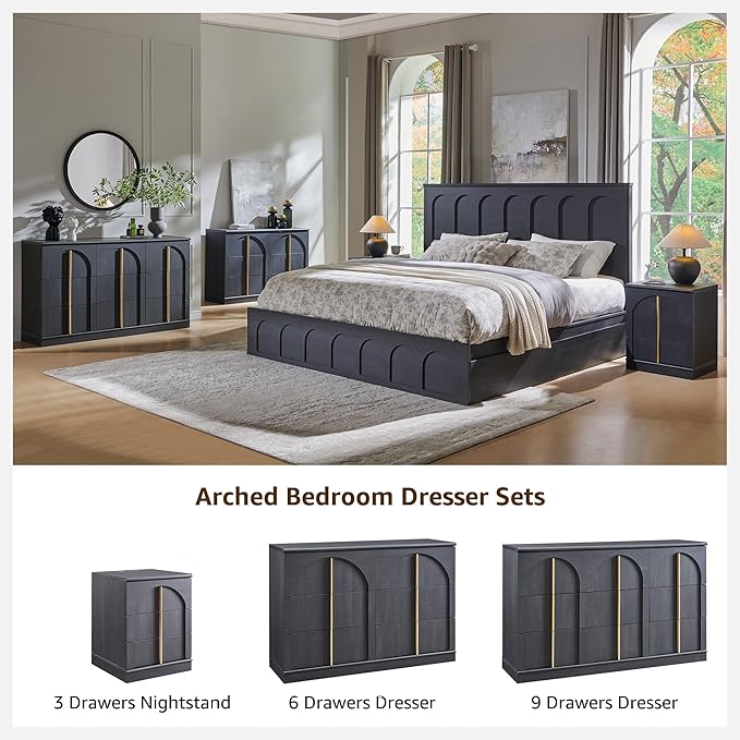 ACCOHOHO Modern Night Stand Set 2 with Arched Panel, 18" Nightstand with Charging Station, Side Table with 3 Storage Drawers, Wood Square Bedside End Table for Bedroom Living Room, Black